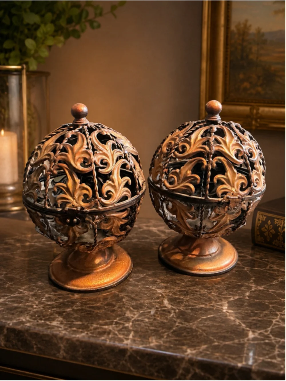 Copper-Finish Filigree Globe Candle Holder Set